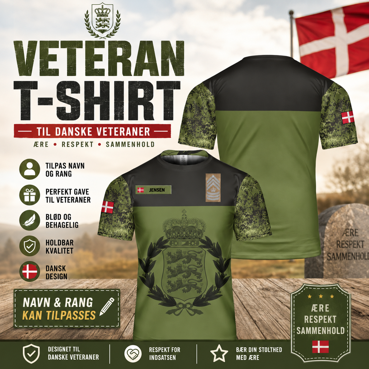 T-shirt personnalisé avec camouflage soldat/vétéran du Danemark avec nom et grade imprimé en 3D - 0502240001