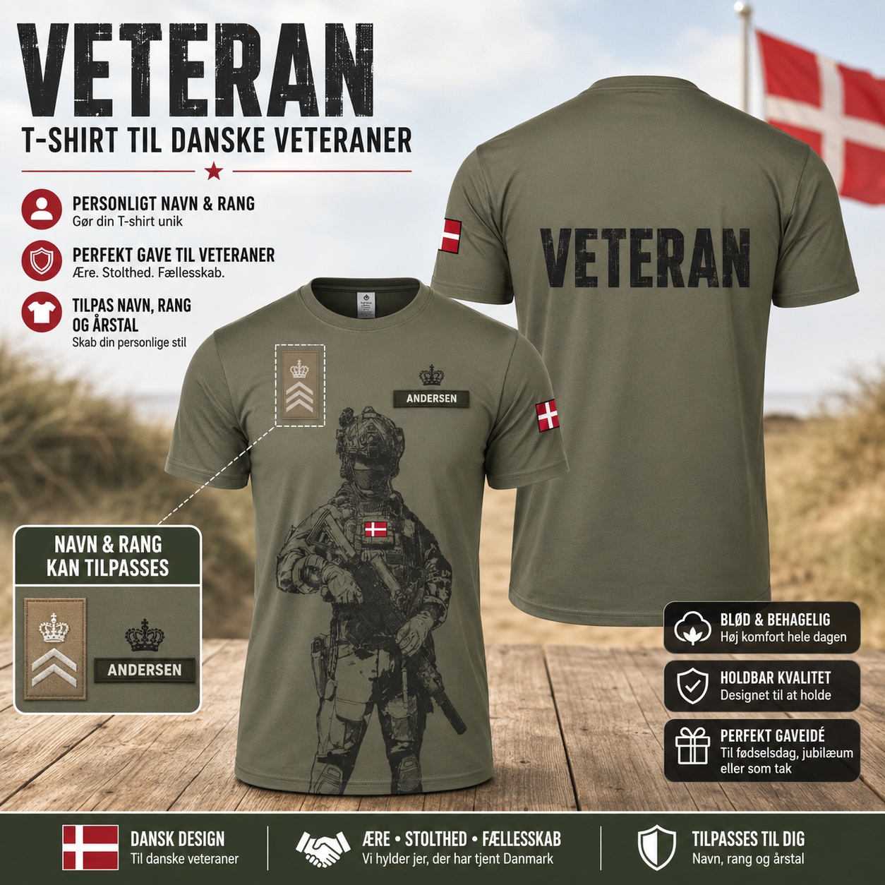 T-shirt personnalisé avec camouflage soldat/vétéran du Danemark avec nom et grade imprimé en 3D - 0502240002