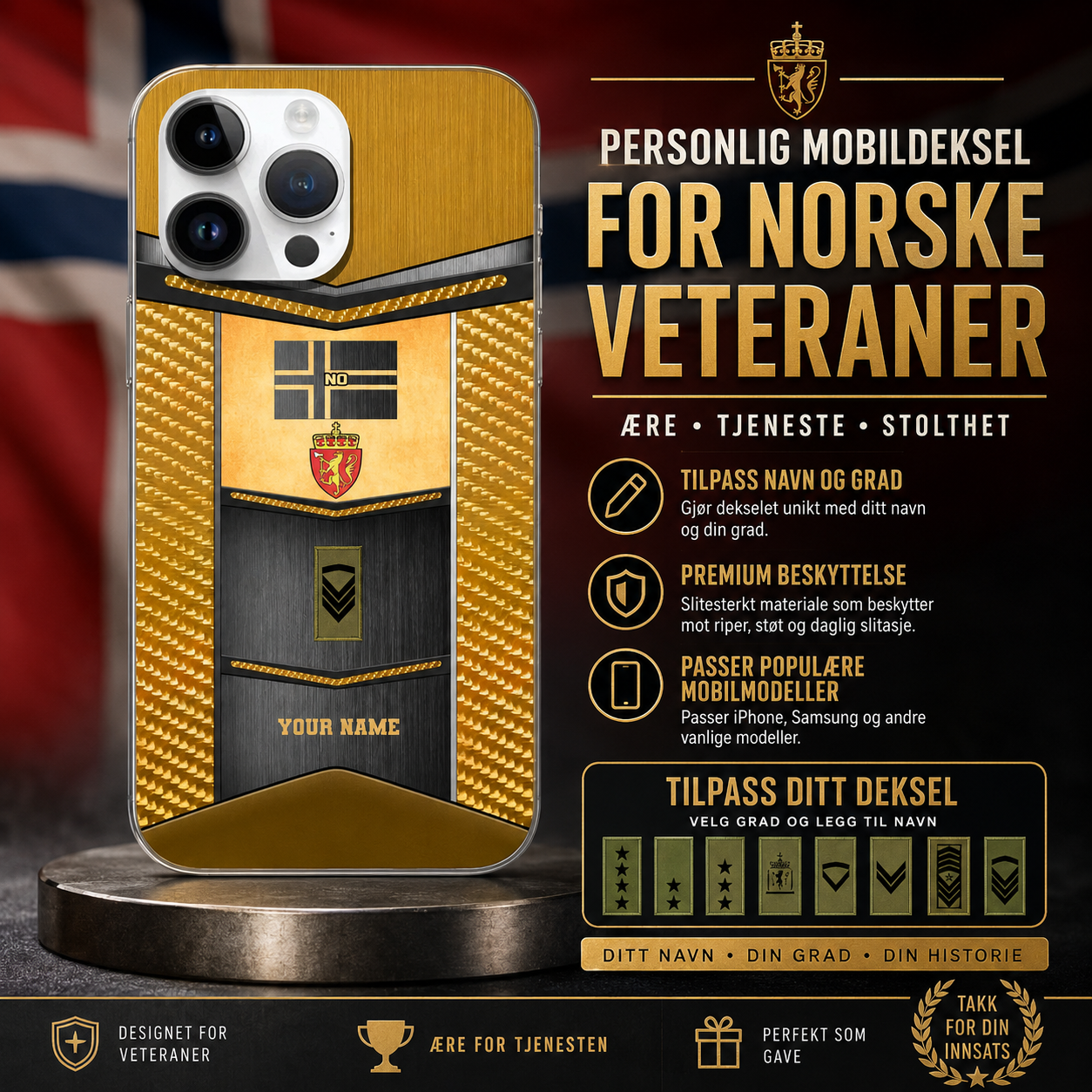Personalisierte Handyhülle mit Aufdruck „Norwegische Soldaten/Veteranen“ mit Rang und Namen – 2607230001