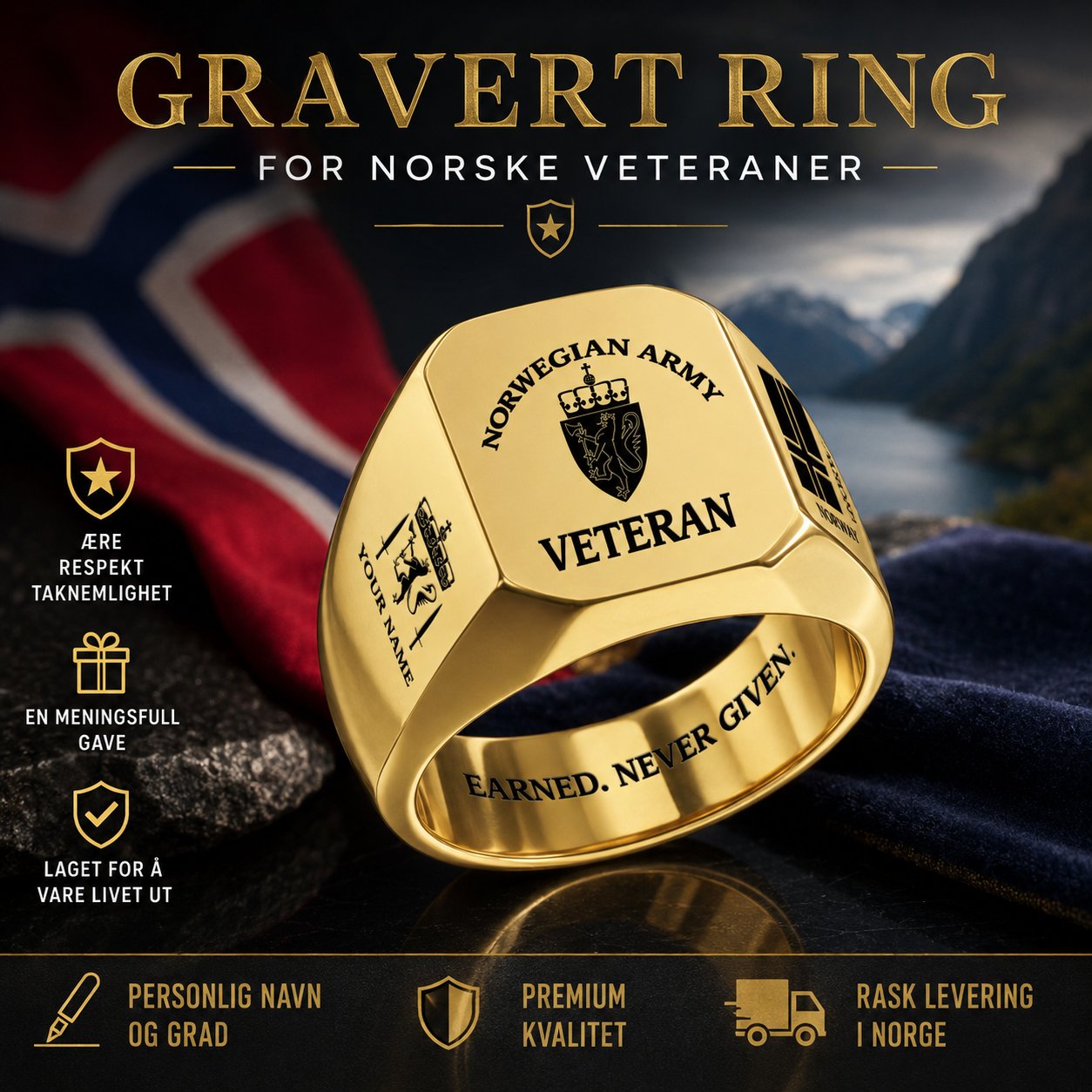 Personalized Norway Soldier/Veteran with Name and Rank Engraved Men’s Ring - 17629920