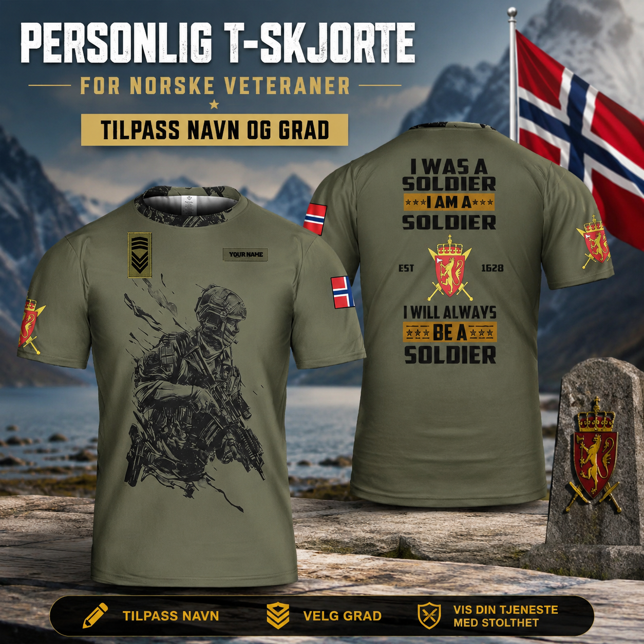 Personalisiertes T-Shirt mit Camouflage-Muster für norwegische Soldaten/Veteranen mit Namen und Rang, 3D-Druck – 1701240001