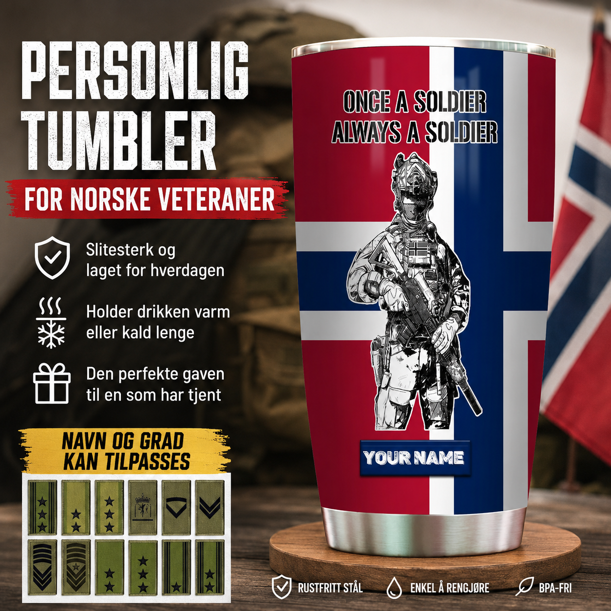 Personalisierter Becher mit Camouflage-Muster für norwegische Veteranen/Soldaten mit Rang und Namen, komplett bedruckt – 1804230002