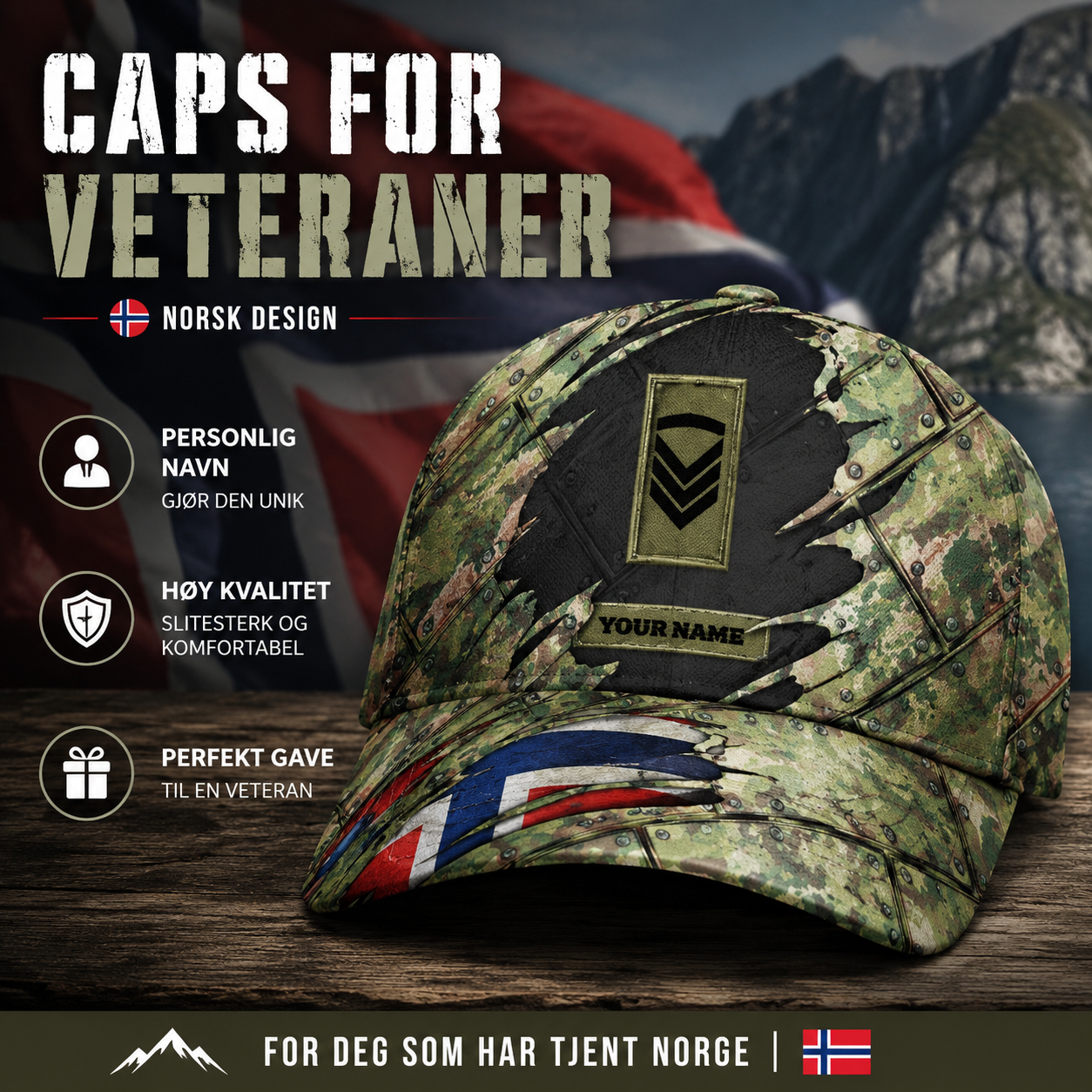 Baseballkappe mit personalisiertem Namen und Rang, Norwegen-Tarnmuster, Soldat/Veteran – 1684368002