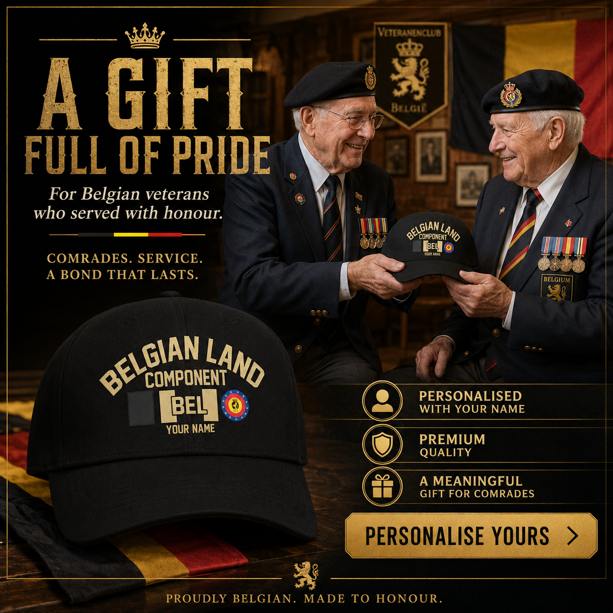 Personalized Rank And Name Belgium Soldier/Veterans Camo Baseball Cap Gold Version - 174726711