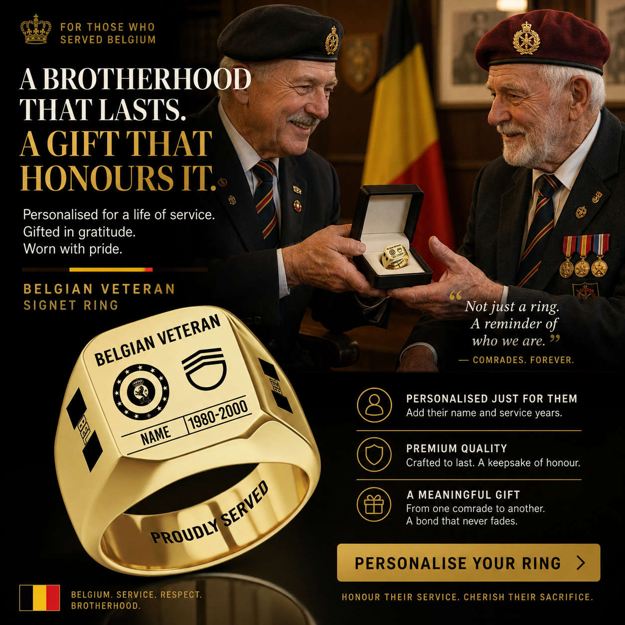 Personalized Belgium Soldier/Veteran with Name, Year and Rank Engraved Men’s Ring - 17635104