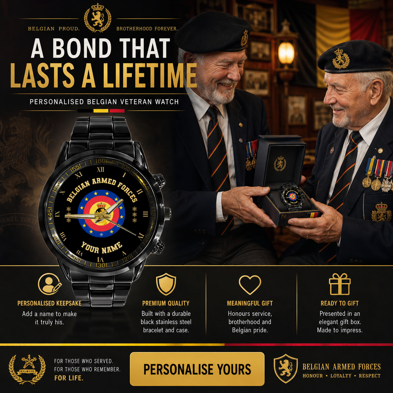 Montre personnalisée en acier inoxydable noir pour soldat/vétéran belge avec nom et grade - 0803240001 - Version dorée