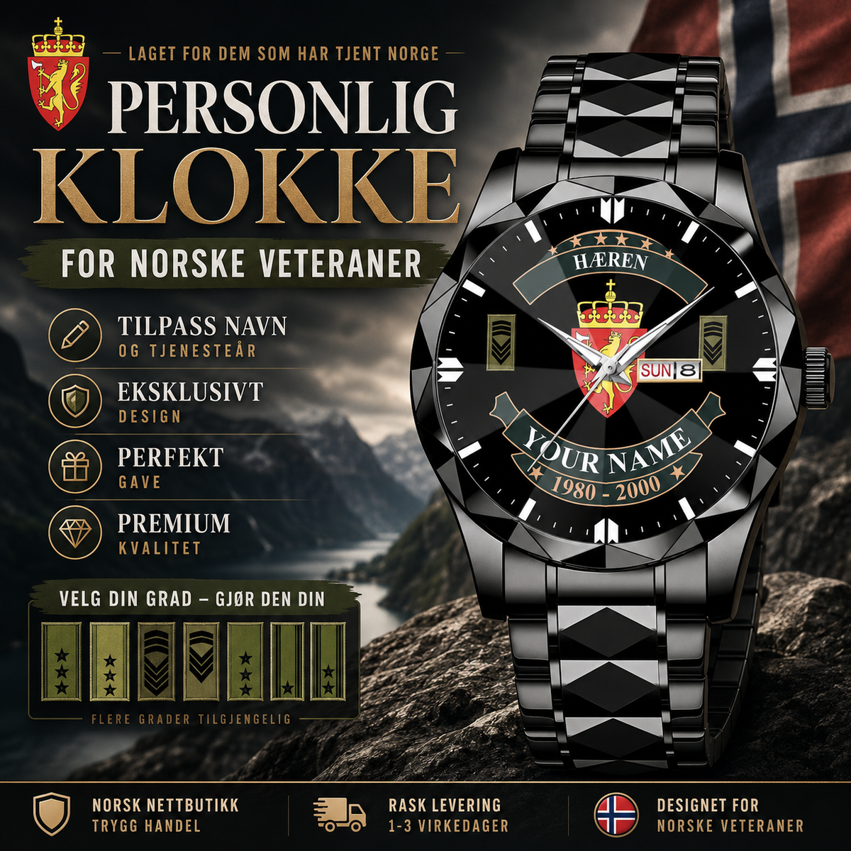 Personalized Norway Soldier/Veteran with Name and Rank Diamond-Cut Bezel Watch - 1761350401