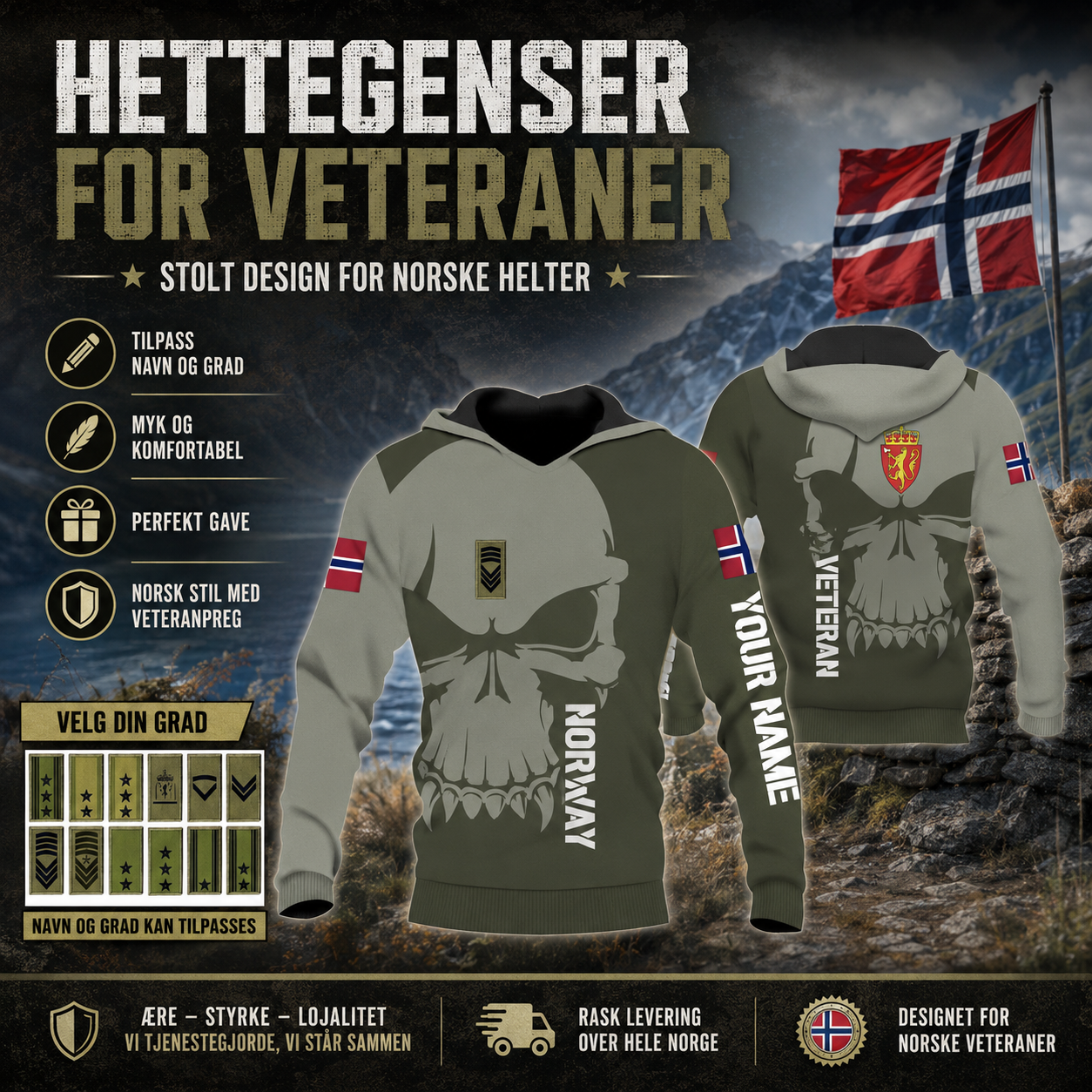 Personalisierter Kapuzenpullover mit Camouflage-Muster für norwegische Soldaten/Veteranen mit Namen und Rang, 3D-Druck – 1602240001