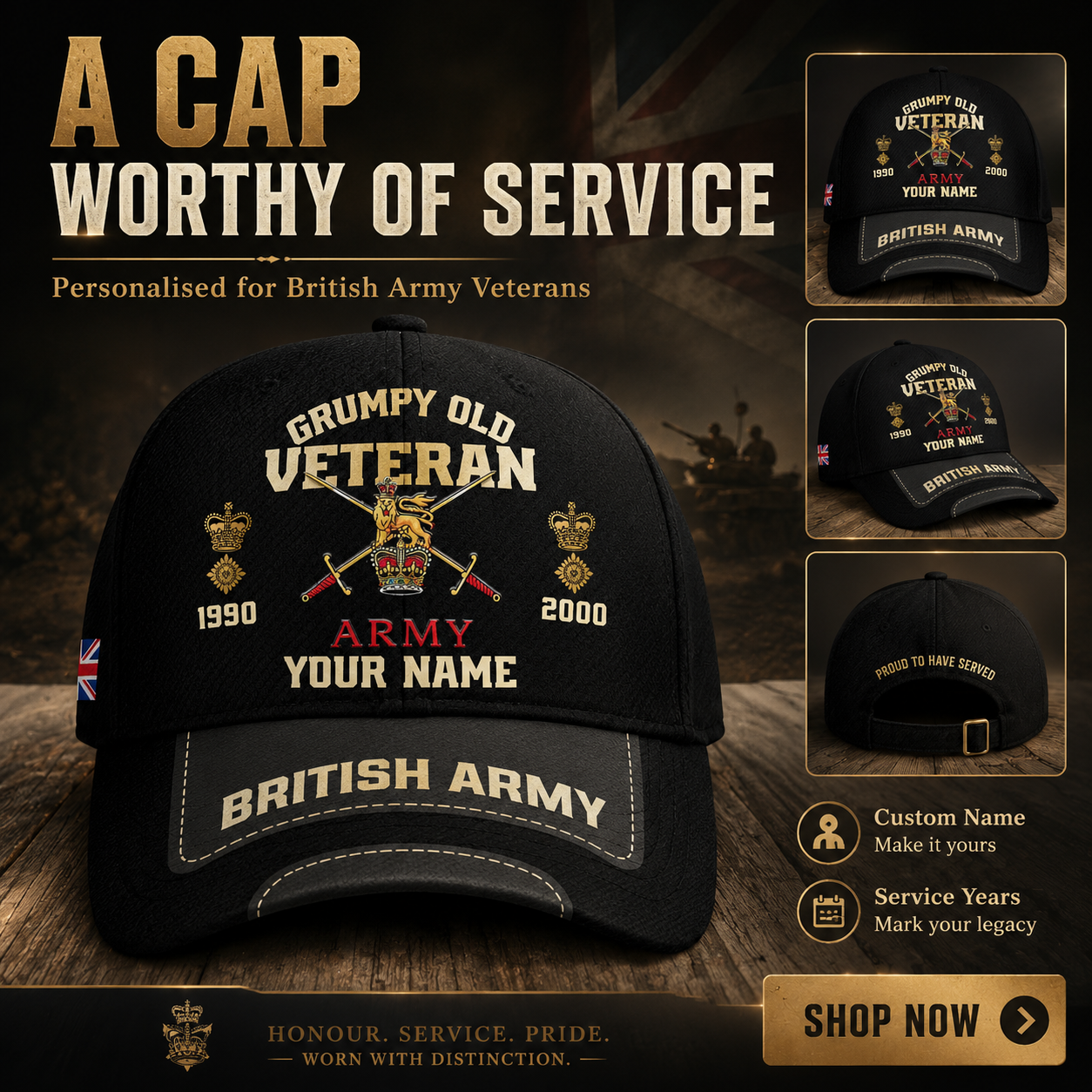 UK Veteran Hat – Personalized with Rank, Name and Year  - 1757376005