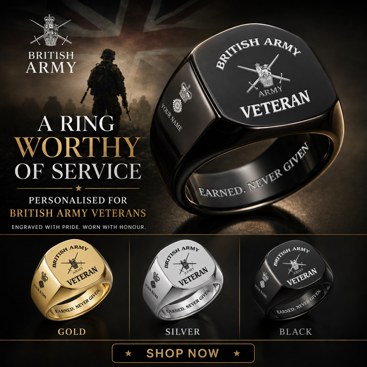 Personalized UK Soldier/Veteran with Name and Rank Engraved Men’s Ring - 17629920