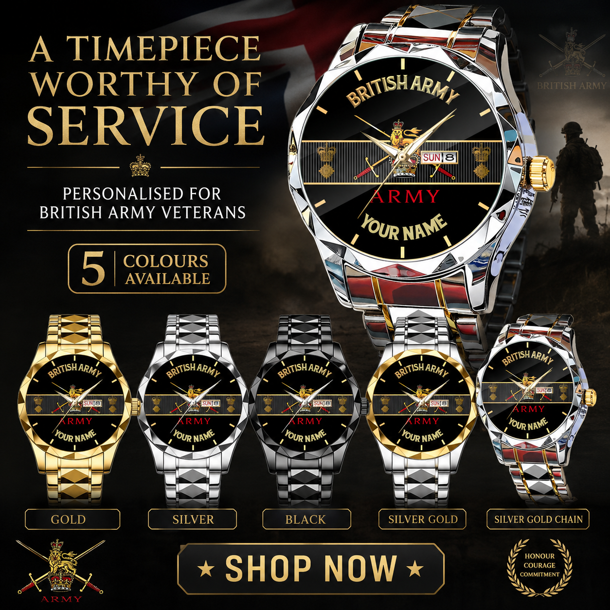 Personalized UK Soldier/ Veteran With Rank and Name Gentleman Crystal Metal Watch - 17388000