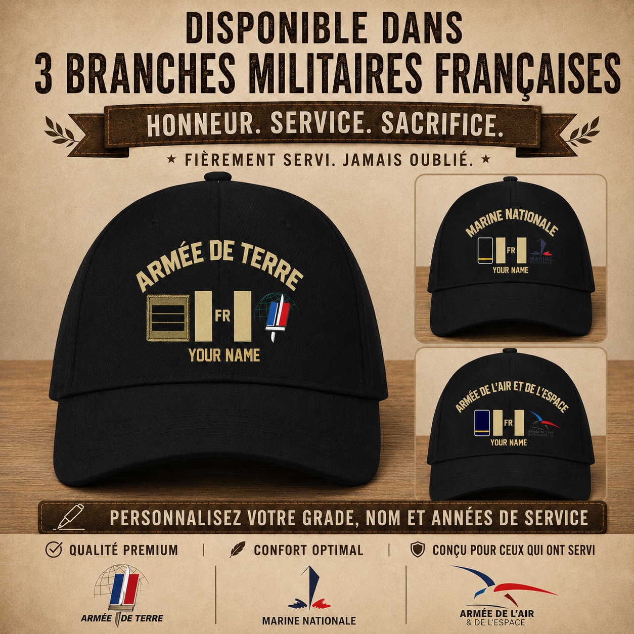 Casquette de baseball camouflage personnalisée avec rang et nom pour soldat/ancien combattant français, version dorée - 16901568