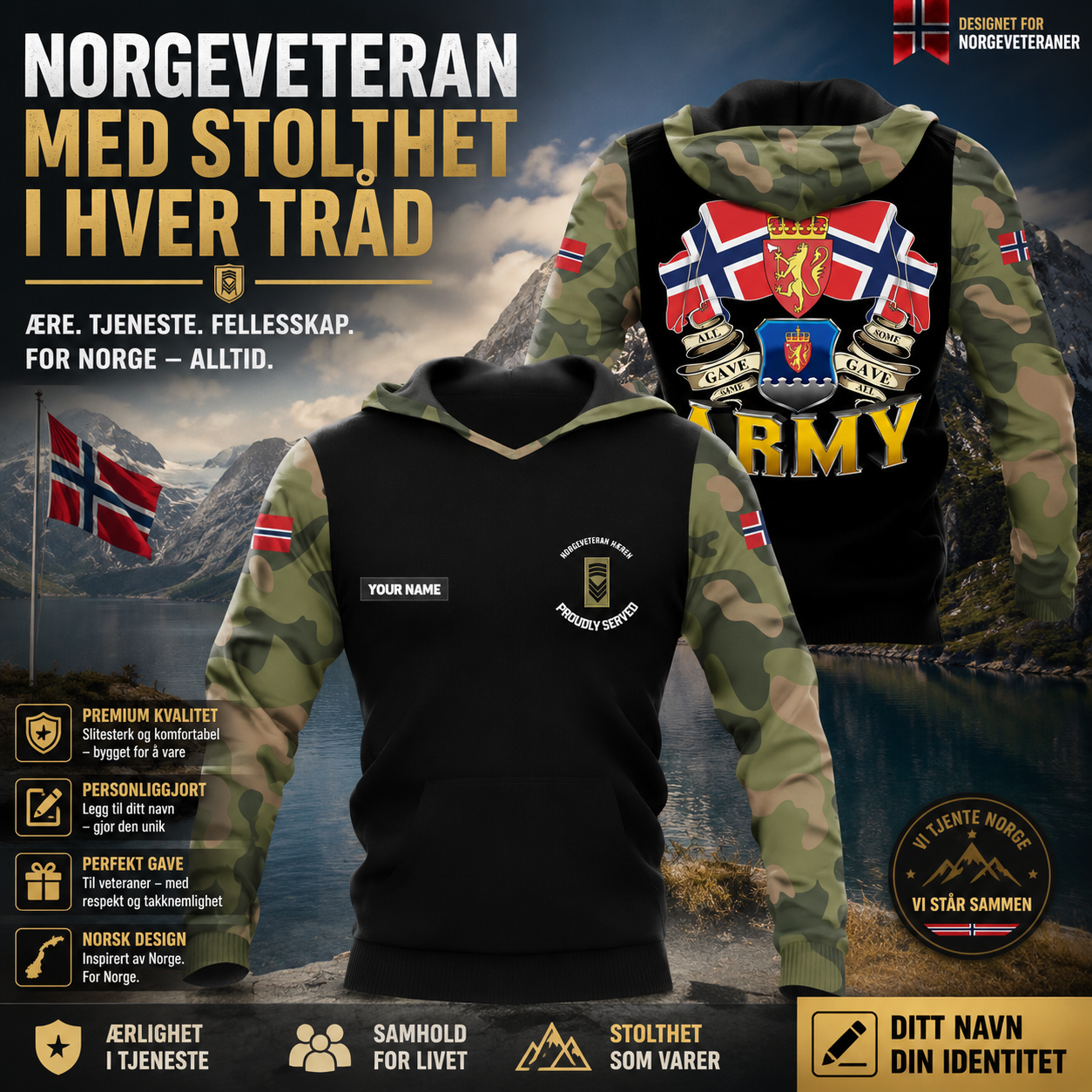 Personalized Norway Solider/ Veteran Camo With Name And Rank Hoodie 3D Printed - 1680739207