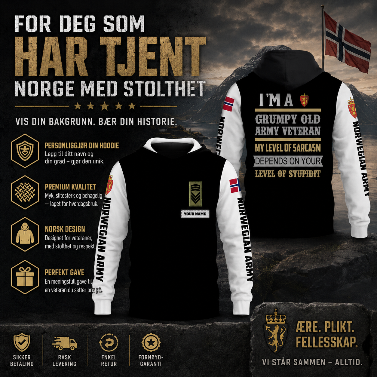 Personalisierter Kapuzenpullover mit Camouflage-Muster für norwegische Soldaten/Veteranen mit Namen und Rang – 0106230002-D04