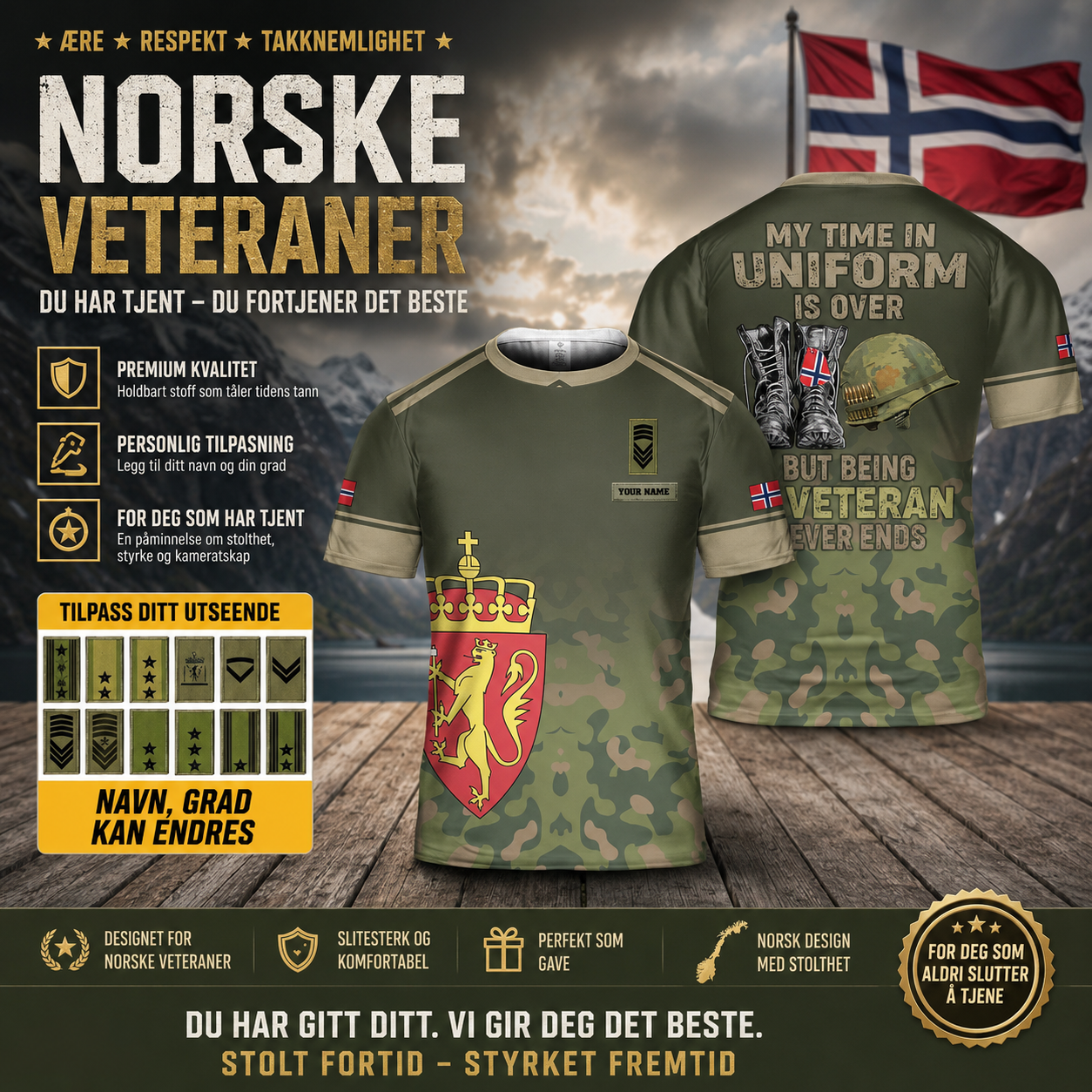 Personalisiertes T-Shirt mit norwegischem Soldaten-/Veteranen-Tarnmuster mit Namen und Rang, 3D-Druck – 0502240001