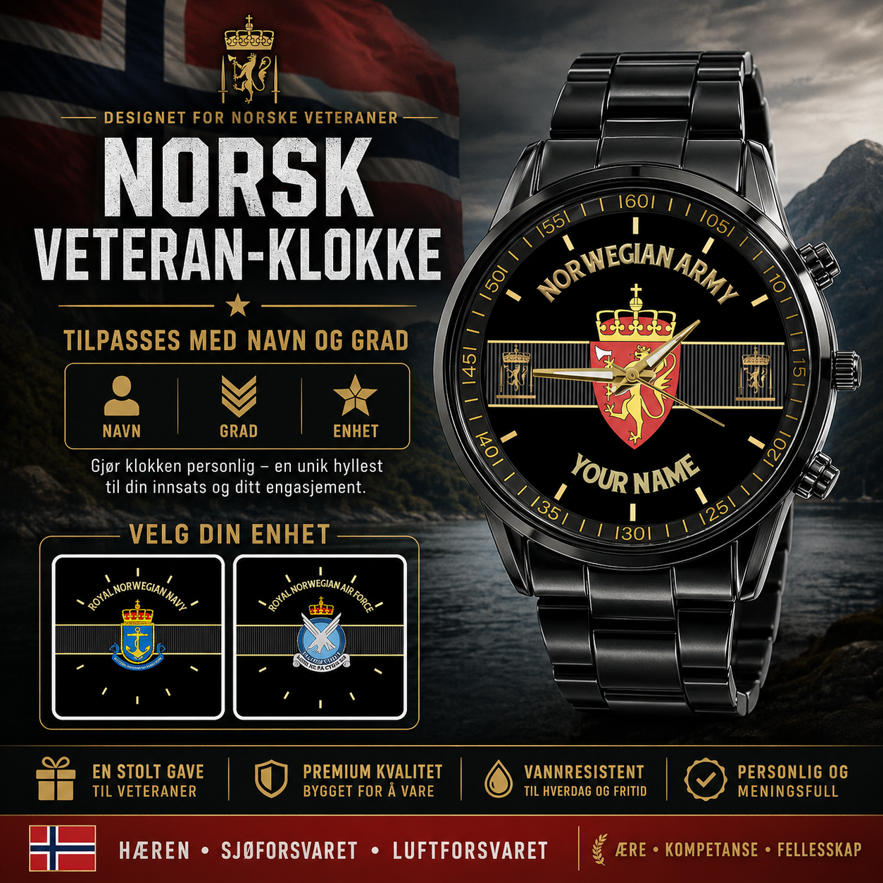 Personalisierte norwegische Soldat/Veteran mit Namen und Rang schwarze Edelstahluhr - 0703240001 - Goldversion