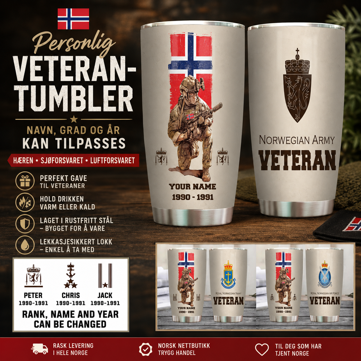 Personalisierter Becher mit Aufschrift „Norwegen-Veteran/Soldat“ mit Rang, Jahr und Namen – 10062401QA