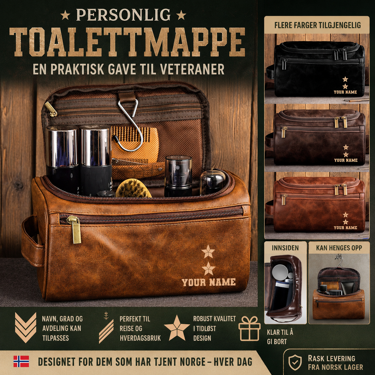 Personalized Norway Soldier/ Veteran With Name And Rank Leather Toiletry Bag - 17555616