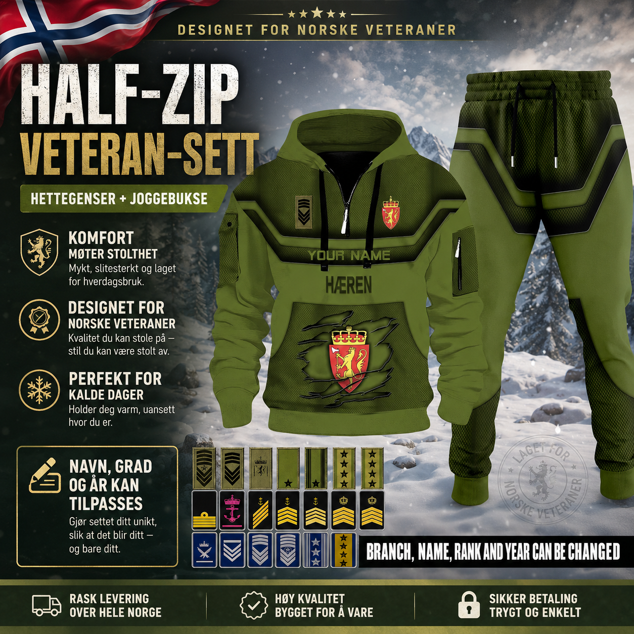 Norway 3D Half Zip Hoodie + Jogger Combo – Personalized with Name & Rank - 17504640