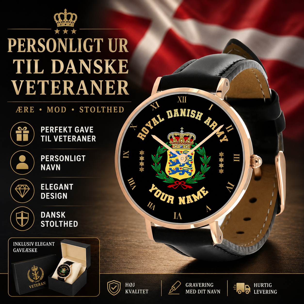 Montre personnalisée en cuir noir cousu pour soldat/vétéran du Danemark avec nom et grade - 0803240001 - Version dorée