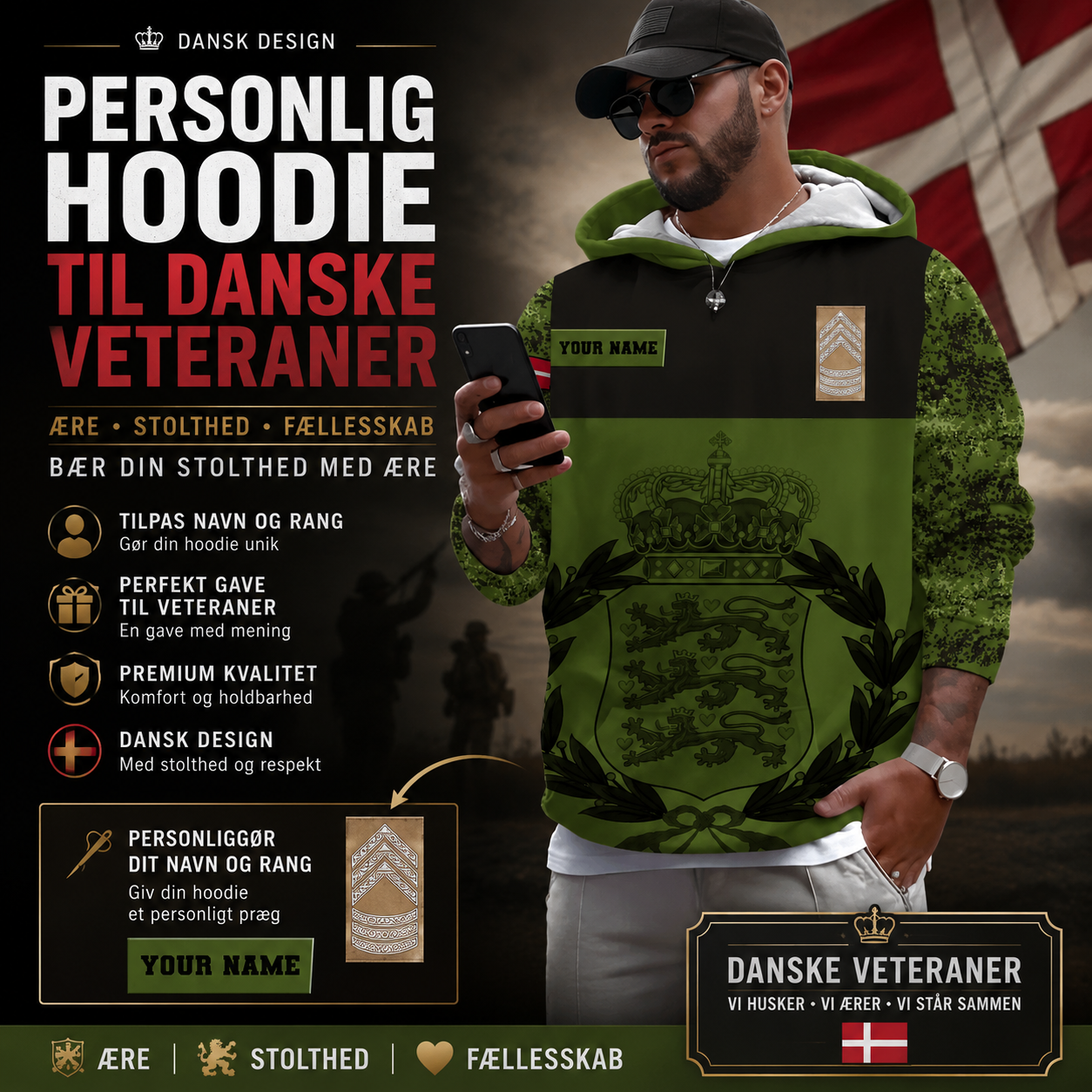 Sweat à capuche personnalisé avec nom et grade de soldat/vétéran du Danemark - 16966368