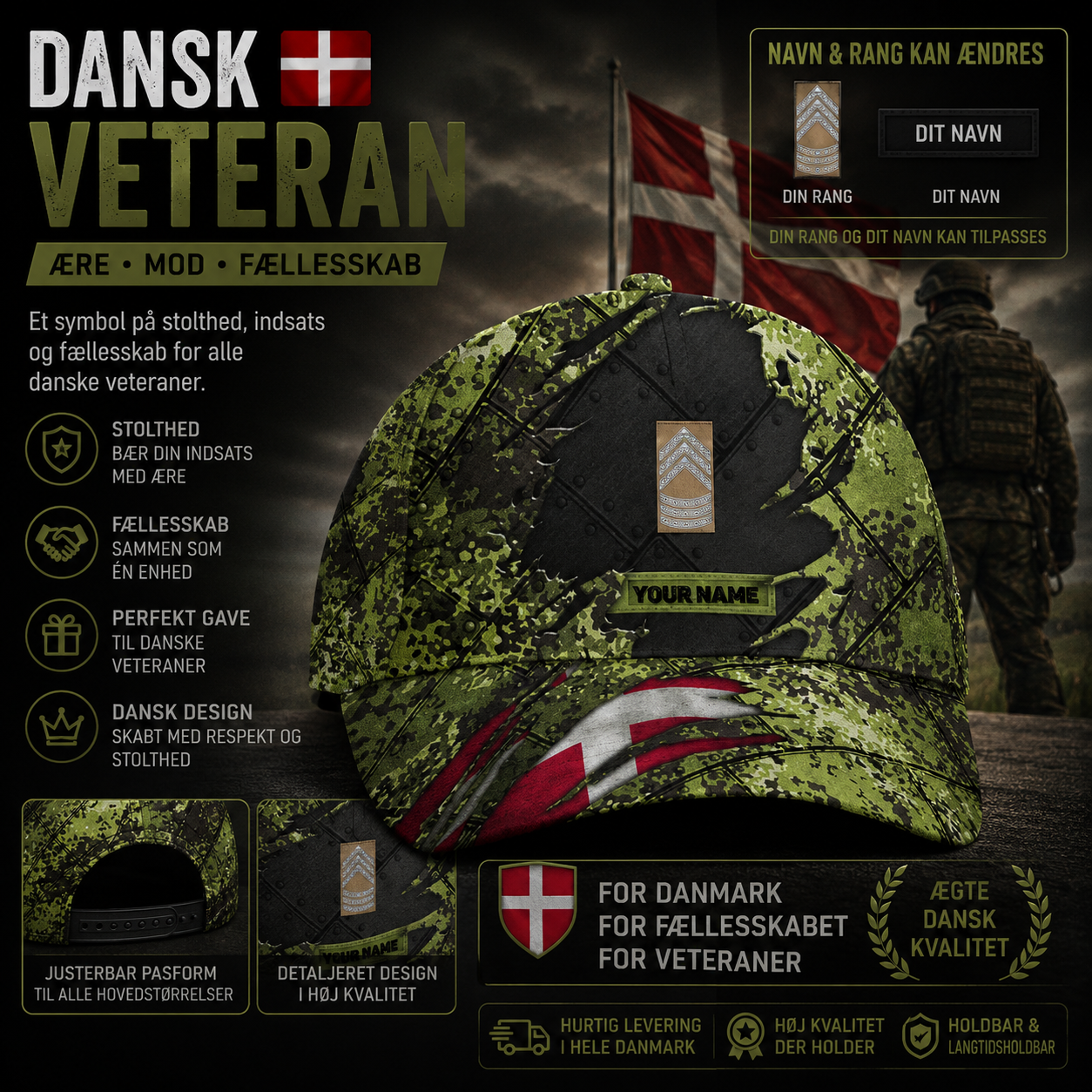 Casquette de baseball personnalisée avec nom et grade pour soldat/vétéran du Danemark - 16842816 - D04