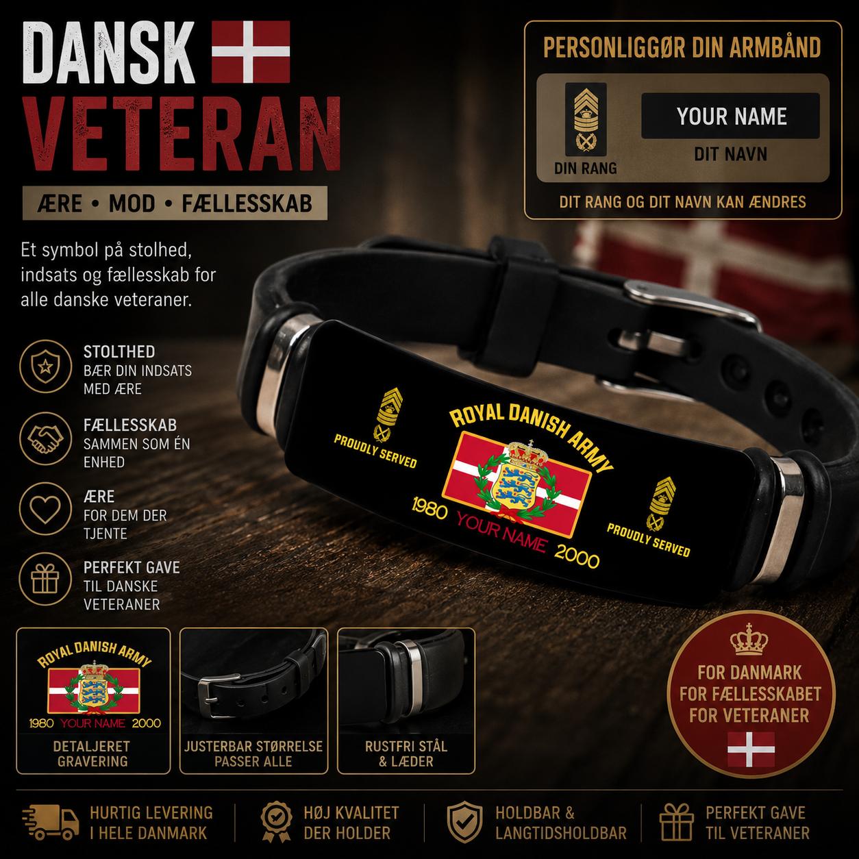 Personalized Denmark Soldier/ Veteran With Rank, Name And Year Bracelet - 17454528