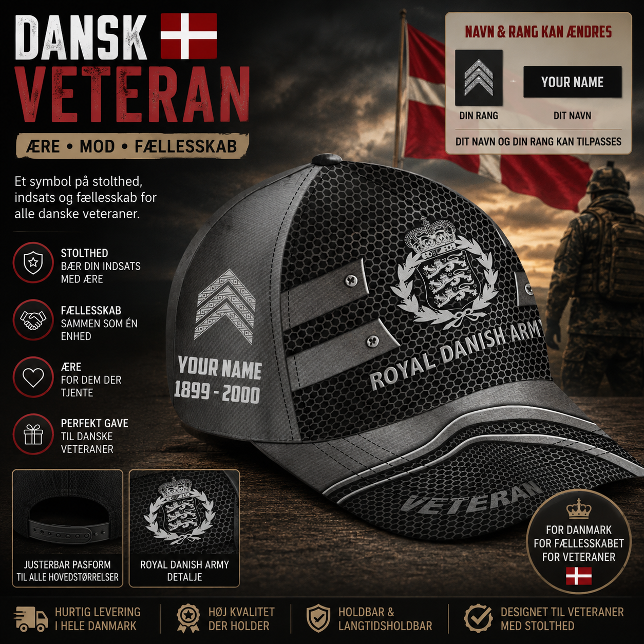 Personalized Rank, Year And Name Denmark Soldier/Veterans Baseball Cap - 17386272