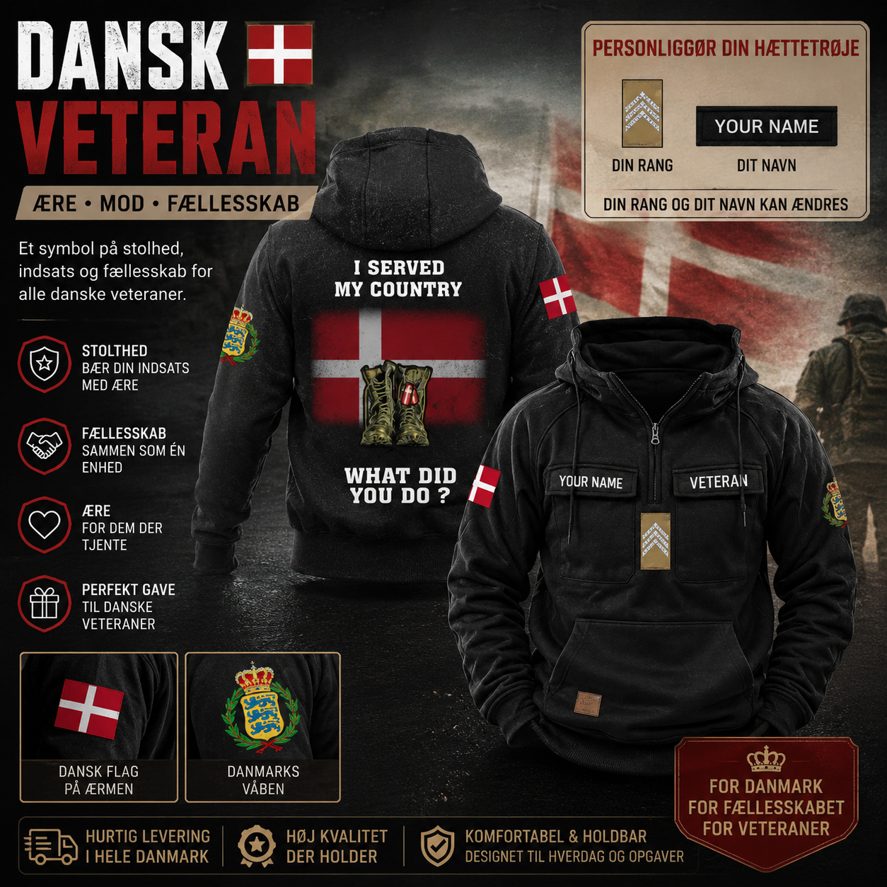 Sweat à capuche vintage personnalisé avec nom et grade du soldat/vétéran du Danemark imprimé sur toute la surface - 17270496