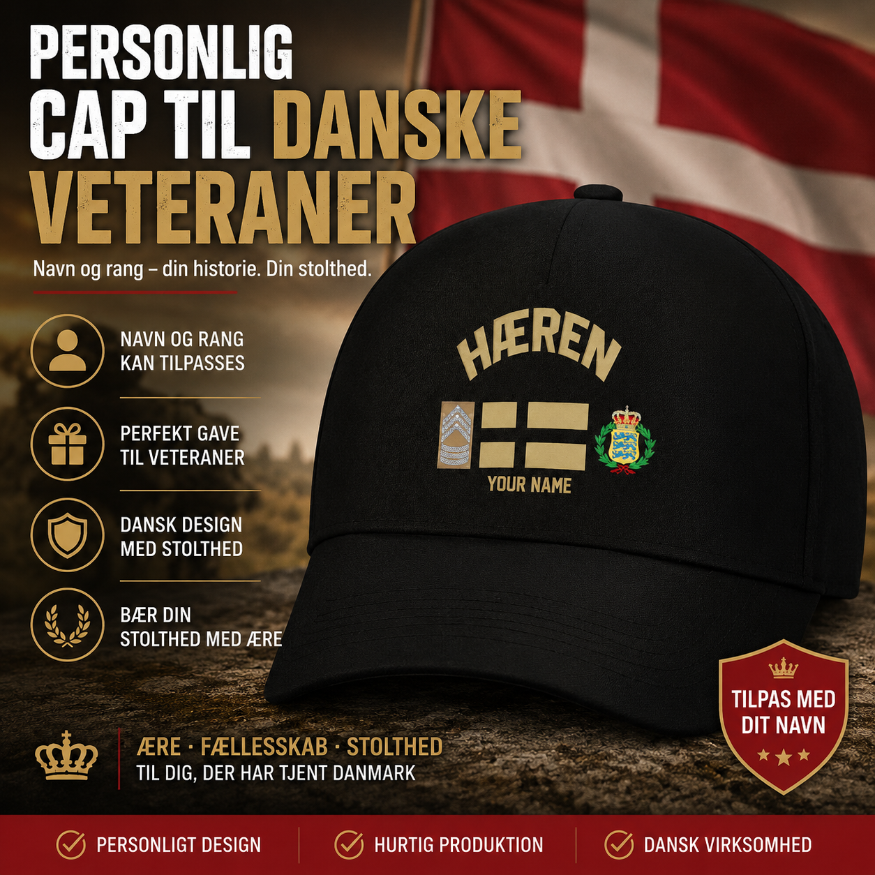 Casquette de baseball camouflage personnalisée avec rang et nom pour soldat/vétéran du Danemark, version dorée - 16892928