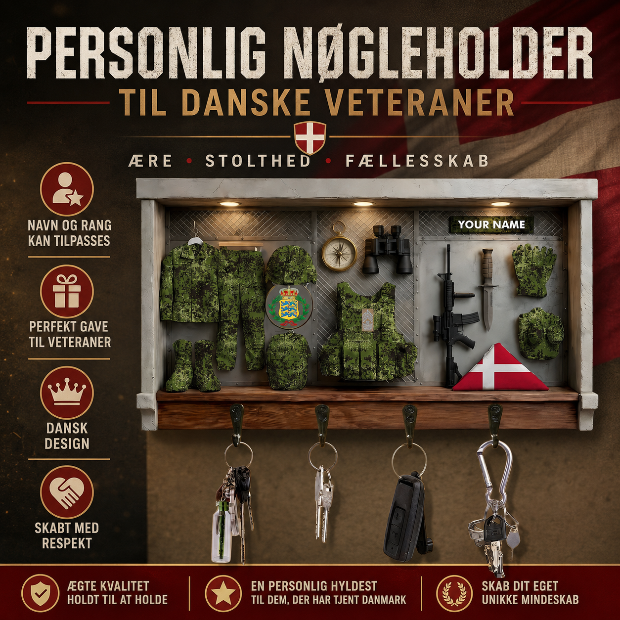 Personalized Denmark Veteran/ Soldier With Rank and Name Wooden Key Holder All Over Printed - 1775779201