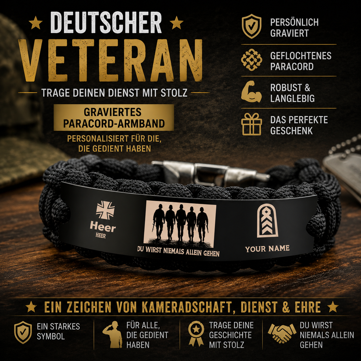 Personalized Germany Soldier/ Veteran Engraved Military Paracord Bracelet With Name And Rank - 17751744