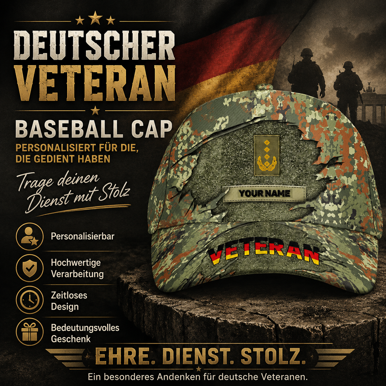 Casquette de baseball camouflage personnalisée avec rang et nom pour soldat/ancien combattant allemand - 16843680