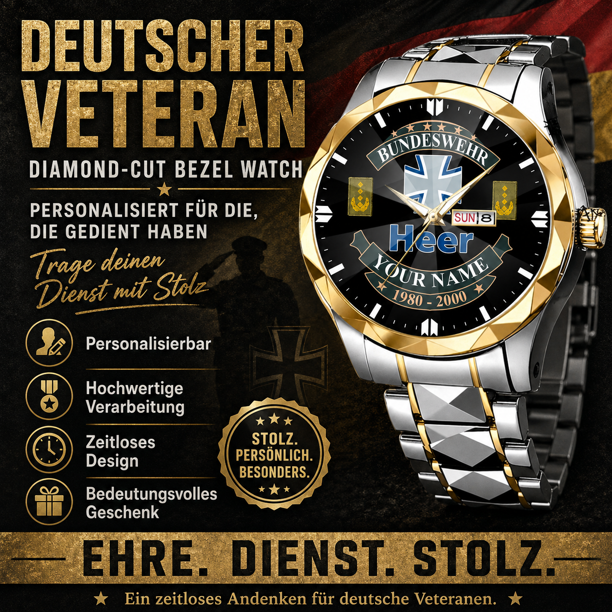 Personalized Germany Soldier/Veteran with Name and Rank Diamond-Cut Bezel Watch - 1761350401