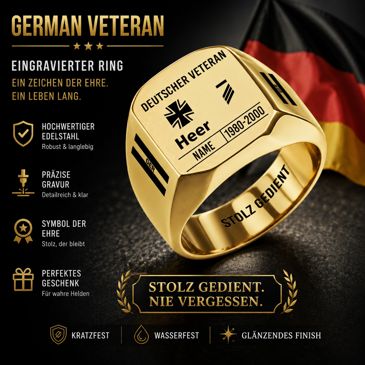 Personalized Germany Soldier/Veteran with Name, Year and Rank Engraved Men’s Ring - 17635104