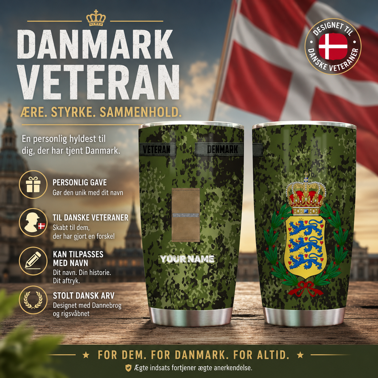 Verre à vin personnalisé avec motif camouflage pour vétéran/soldat danois, avec rang et nom, imprimé sur toute la surface - 3004230002