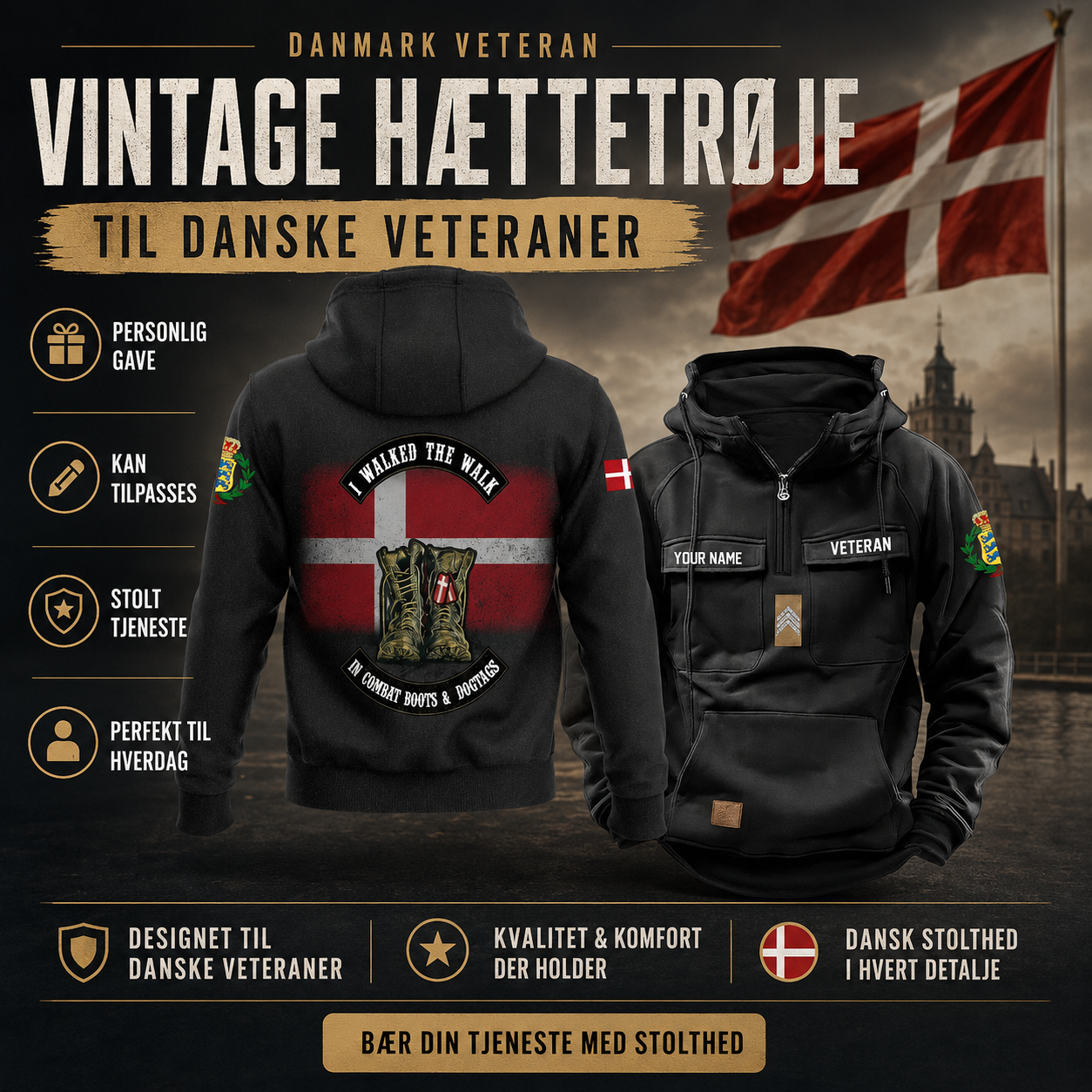 Sweat à capuche vintage personnalisé avec imprimé soldat/vétéran du Danemark - 17207424