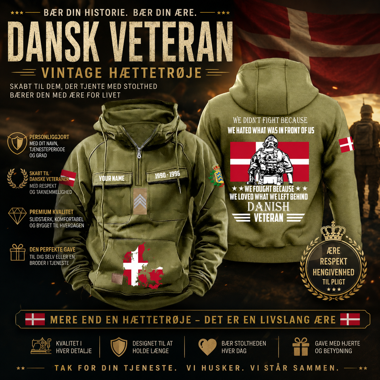 Personalized Denmark Soldier/Veteran Vintage Hoodie All Over Printed - 1760400005