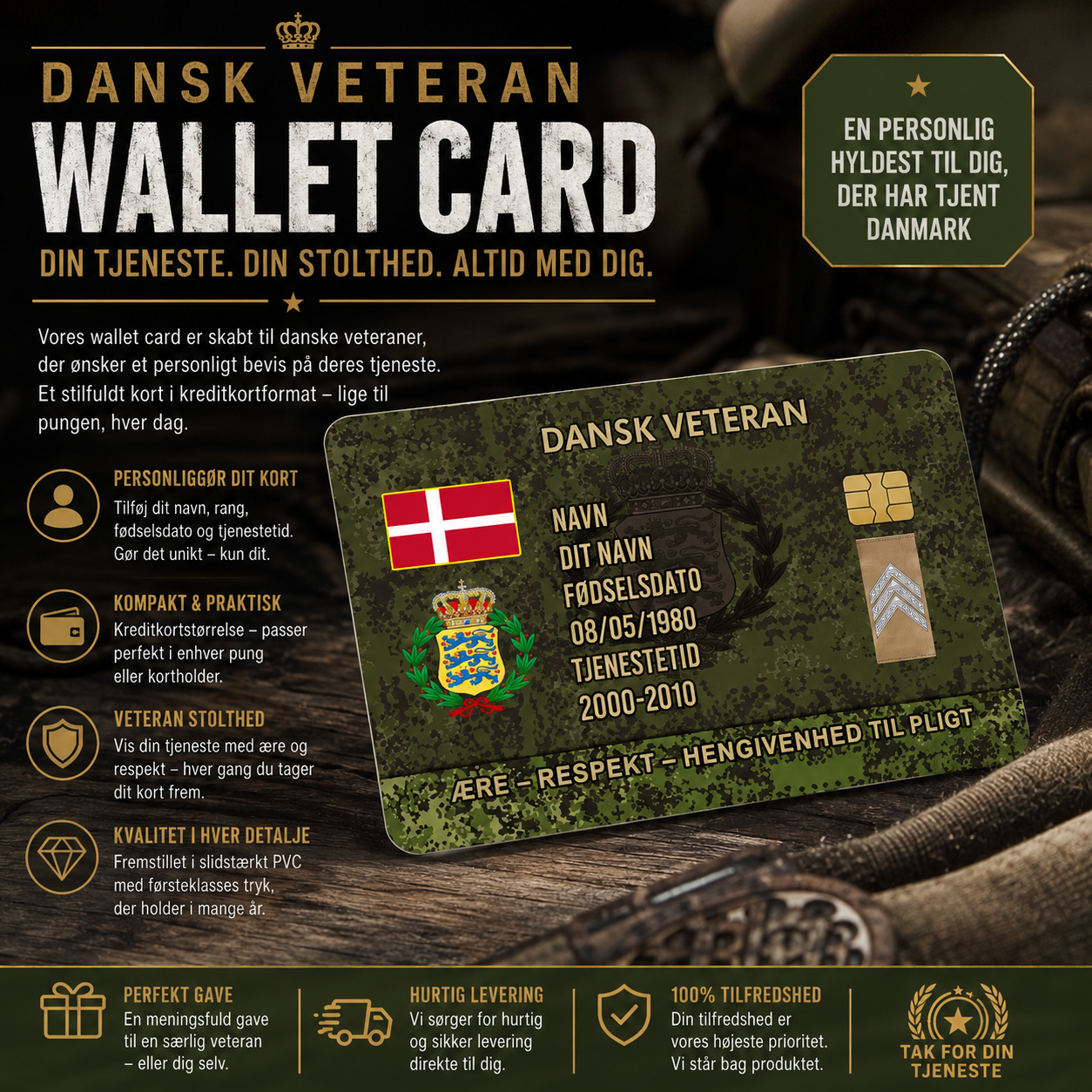 Personalized Denmark Soldier/ Veteran With Rank, Name And Year Aluminum Wallet Card - 17637696