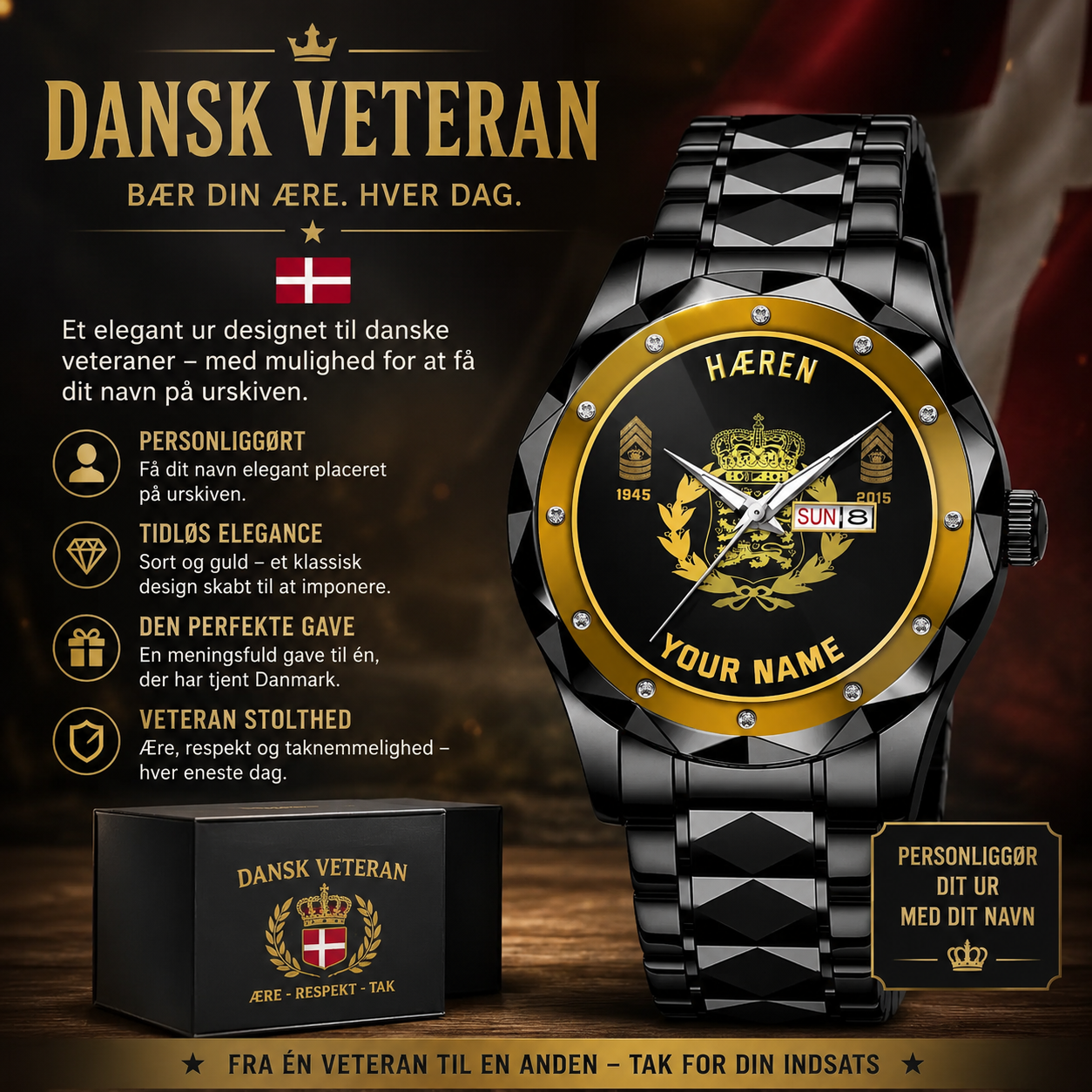 Personalized Denmark Soldier/ Veteran With Rank and Name, Year Gentleman Crystal Metal Watch - 17387136