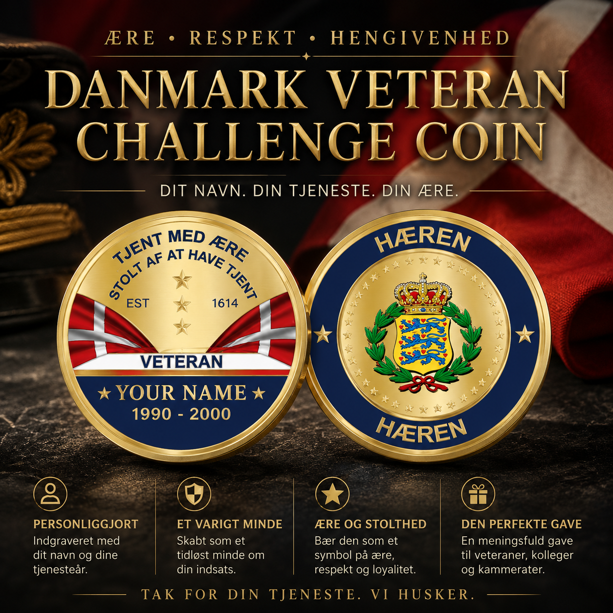 Personalized Denmark Veteran/ Soldier With Rank, Name And Year Challenge Coin - 17731008