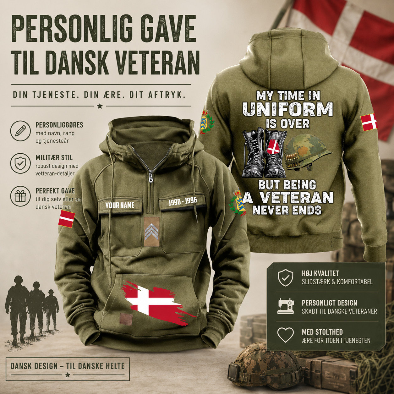 Personalized Denmark Soldier/Veteran Vintage Hoodie All Over Printed - 17545248