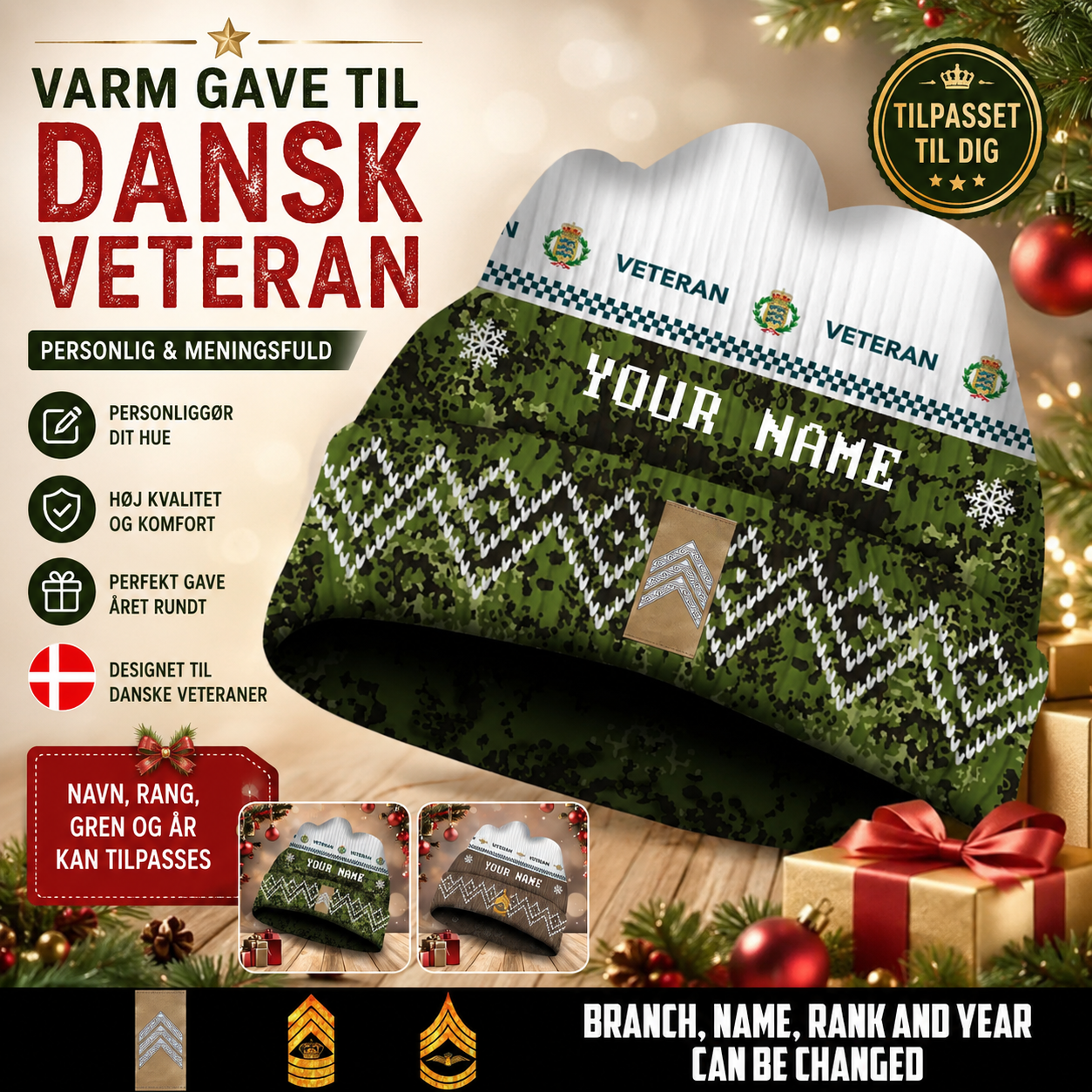 Personalized Denmark Soldier/Veteran Camo with Rank And Name Beanie Hat - 17590176