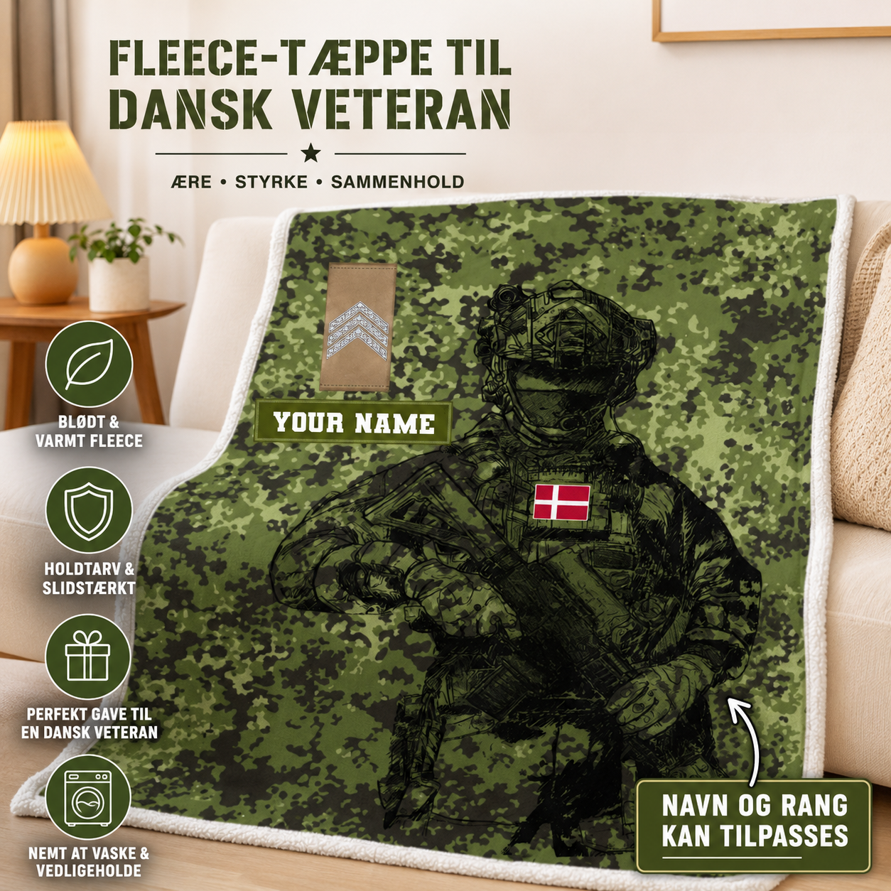 Couverture polaire personnalisée avec camouflage de soldat/vétéran du Danemark avec nom et grade, imprimée en 3D - 0608230001