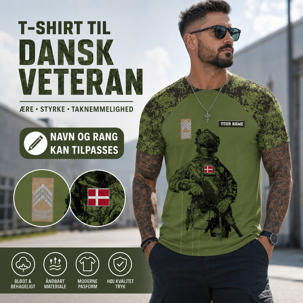 T-shirt personnalisé avec camouflage soldat/vétéran du Danemark avec nom et grade imprimé en 3D - 1212230001
