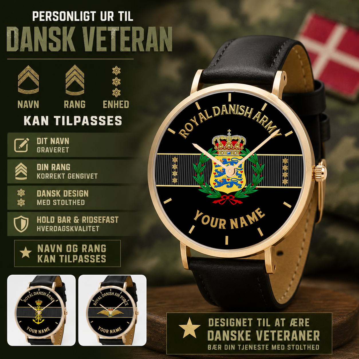 Montre personnalisée en cuir noir cousu pour soldat/vétéran du Danemark avec nom et grade - 0703240001 - Version dorée