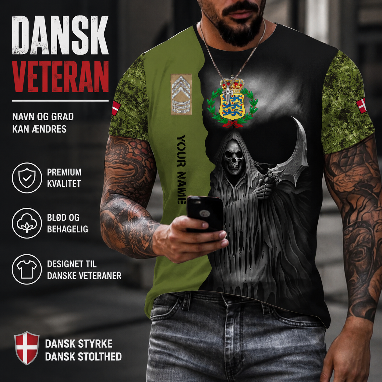 T-shirt personnalisé avec camouflage soldat/vétéran du Danemark avec nom et grade imprimé en 3D - 2601240001QA