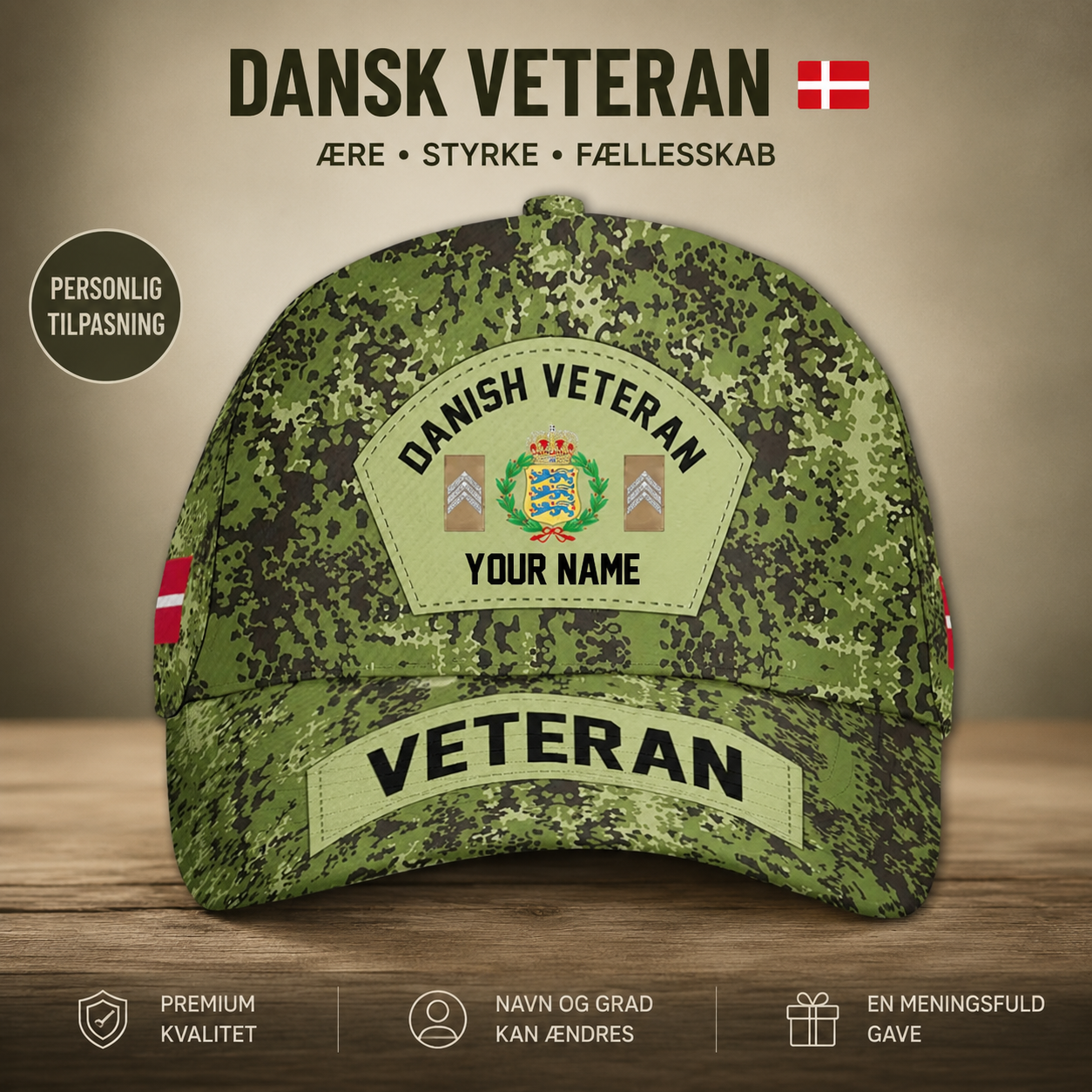 Casquette de baseball camouflage personnalisée avec grade, année et nom pour soldat/vétéran du Danemark - 1717027201