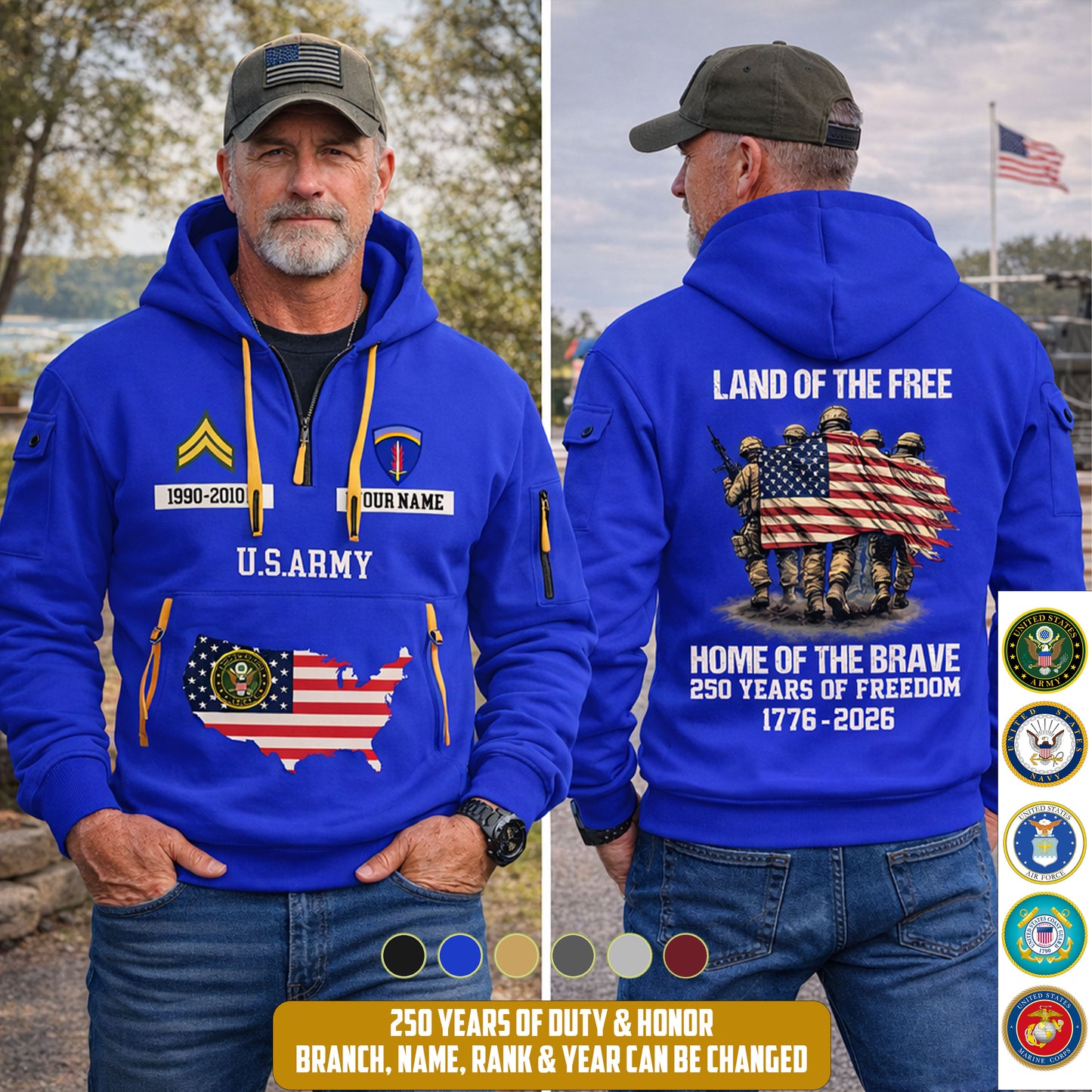 Army Division - Land Of The Free Home Of The Brave – Personalized Zip Hoodie Multicolor, Custom Rank Unit Military Branch Zip Hoodie Multicolor, 250th USA, 4th of July - 17700768