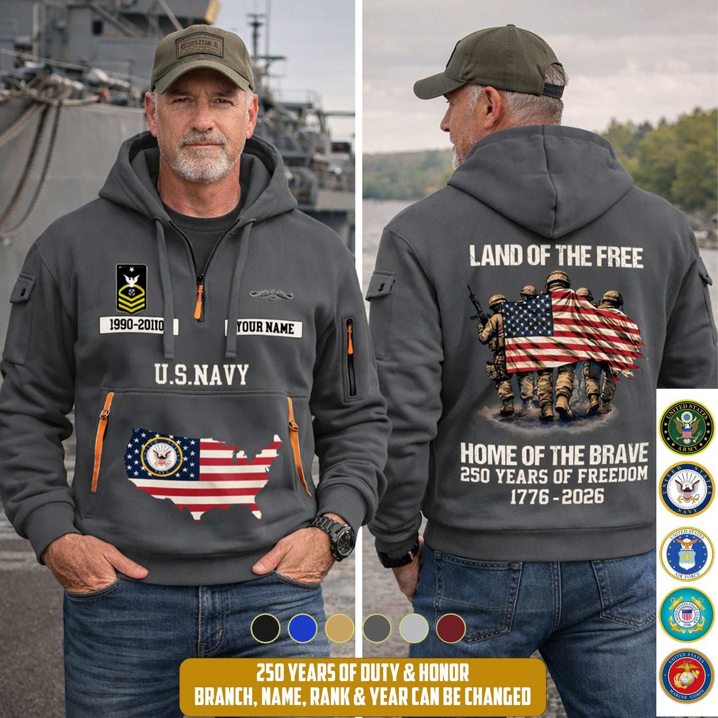 Navy Badge - Land Of The Free Home Of The Brave – Personalized Zip Hoodie Multicolor, Custom Rank Unit Military Branch Zip Hoodie Multicolor, 250th USA, 4th of July - 17700768